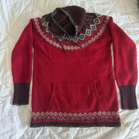 Eddie Bauer Red and Brown Cowl-neck Sweater, Wool/Mohair/Cotton/Nylon Blend. L. - Picture 7 of 10